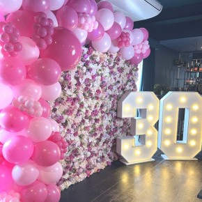 Abundance Flowerwall with LED Numbers and Balloons