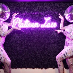 Bespoke flower and neon installation for Platinum Lace, Leicester Square, London, New Years Eve 2025